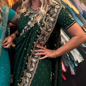Beautiful beaded green and gold saree